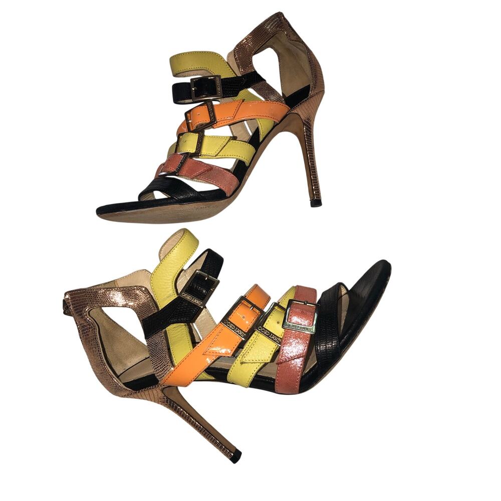 Jimmy Choo Multicolor Bronx Sandals Size 37 US 7 Metallic Rose Gold Heel Strappy